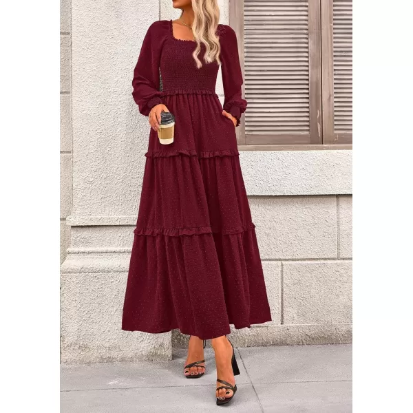 imagePRETTYGARDEN Womens Long Sleeve Smocked Maxi Dress Casual Square Neck Swiss Dot Tiered Ruffle Flowy Pocket DressesWine Red