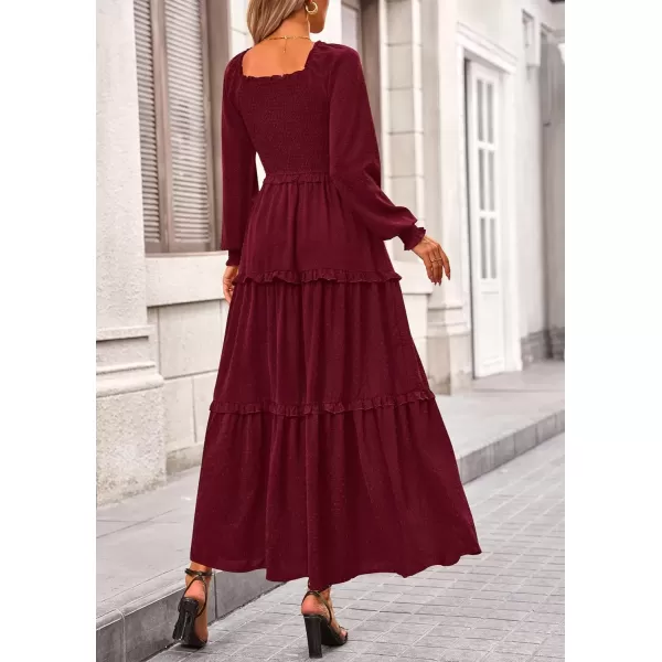 imagePRETTYGARDEN Womens Long Sleeve Smocked Maxi Dress Casual Square Neck Swiss Dot Tiered Ruffle Flowy Pocket DressesWine Red