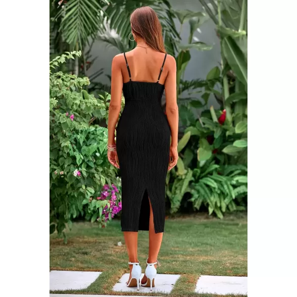 imagePRETTYGARDEN Womens Sexy Midi Bodycon Dress 2024 Summer Spaghetti Strap Sleeveless Knit Party Tight Fitted DressesBlack