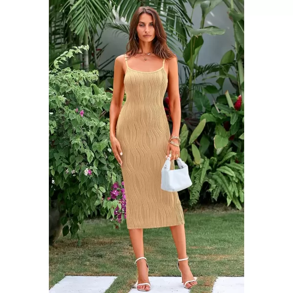 imagePRETTYGARDEN Womens Sexy Midi Bodycon Dress 2024 Summer Spaghetti Strap Sleeveless Knit Party Tight Fitted DressesLight Khaki
