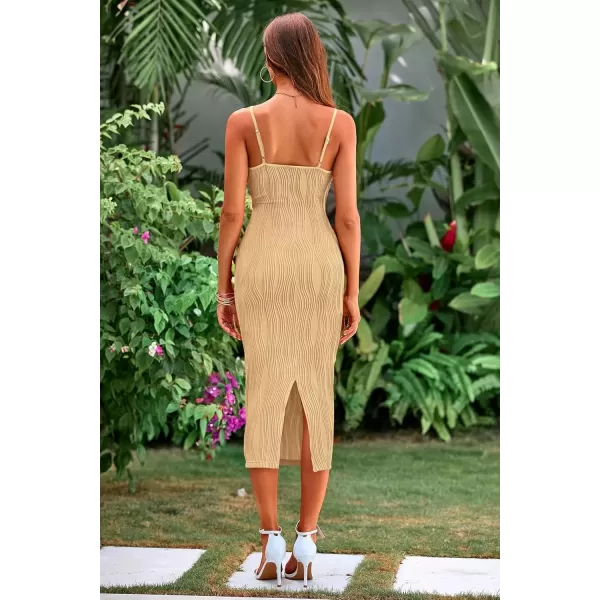 imagePRETTYGARDEN Womens Sexy Midi Bodycon Dress 2024 Summer Spaghetti Strap Sleeveless Knit Party Tight Fitted DressesLight Khaki