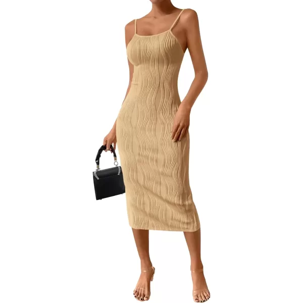 imagePRETTYGARDEN Womens Sexy Midi Bodycon Dress 2024 Summer Spaghetti Strap Sleeveless Knit Party Tight Fitted DressesLight Khaki