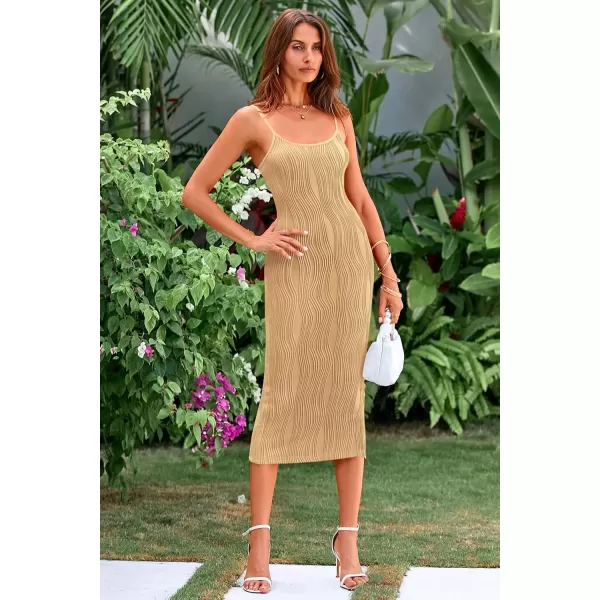 imagePRETTYGARDEN Womens Sexy Midi Bodycon Dress 2024 Summer Spaghetti Strap Sleeveless Knit Party Tight Fitted DressesLight Khaki