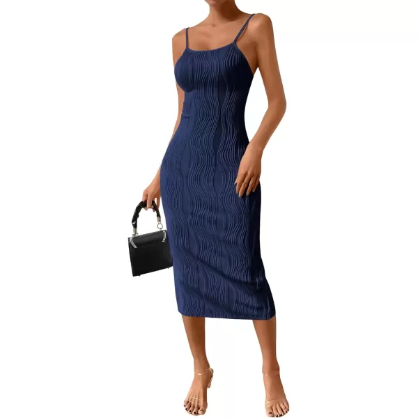 imagePRETTYGARDEN Womens Sexy Midi Bodycon Dress 2024 Summer Spaghetti Strap Sleeveless Knit Party Tight Fitted DressesNavy