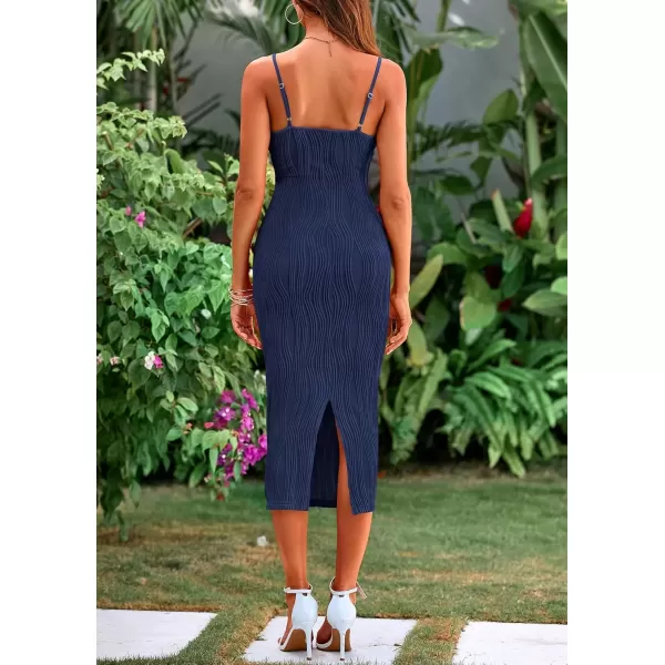 imagePRETTYGARDEN Womens Sexy Midi Bodycon Dress 2024 Summer Spaghetti Strap Sleeveless Knit Party Tight Fitted DressesNavy