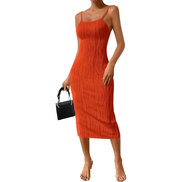 imagePRETTYGARDEN Womens Sexy Midi Bodycon Dress 2024 Summer Spaghetti Strap Sleeveless Knit Party Tight Fitted DressesOrange