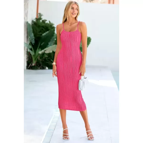 imagePRETTYGARDEN Womens Sexy Midi Bodycon Dress 2024 Summer Spaghetti Strap Sleeveless Knit Party Tight Fitted DressesRose Red