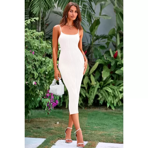 imagePRETTYGARDEN Womens Sexy Midi Bodycon Dress 2024 Summer Spaghetti Strap Sleeveless Knit Party Tight Fitted DressesWhite
