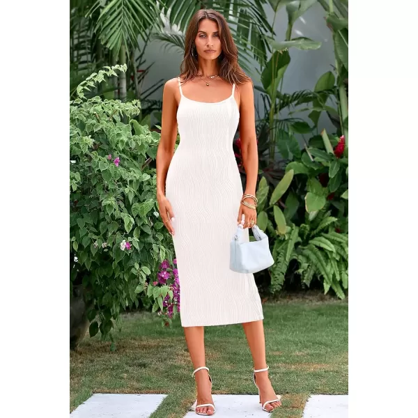 imagePRETTYGARDEN Womens Sexy Midi Bodycon Dress 2024 Summer Spaghetti Strap Sleeveless Knit Party Tight Fitted DressesWhite