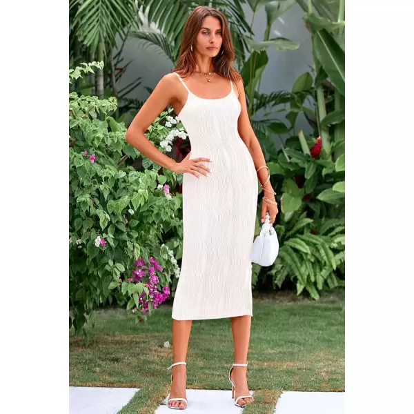 imagePRETTYGARDEN Womens Sexy Midi Bodycon Dress 2024 Summer Spaghetti Strap Sleeveless Knit Party Tight Fitted DressesWhite