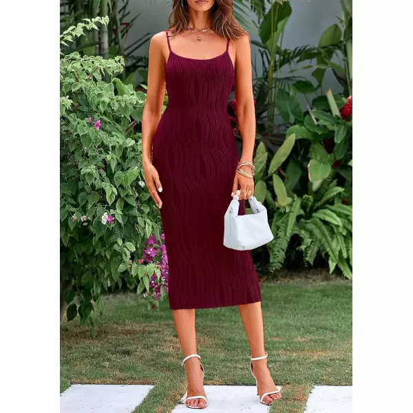 imagePRETTYGARDEN Womens Sexy Midi Bodycon Dress 2024 Summer Spaghetti Strap Sleeveless Knit Party Tight Fitted DressesWine Red