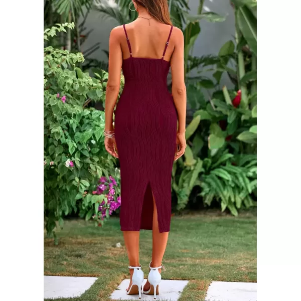 imagePRETTYGARDEN Womens Sexy Midi Bodycon Dress 2024 Summer Spaghetti Strap Sleeveless Knit Party Tight Fitted DressesWine Red