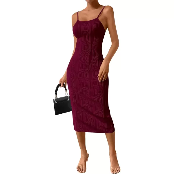 imagePRETTYGARDEN Womens Sexy Midi Bodycon Dress 2024 Summer Spaghetti Strap Sleeveless Knit Party Tight Fitted DressesWine Red