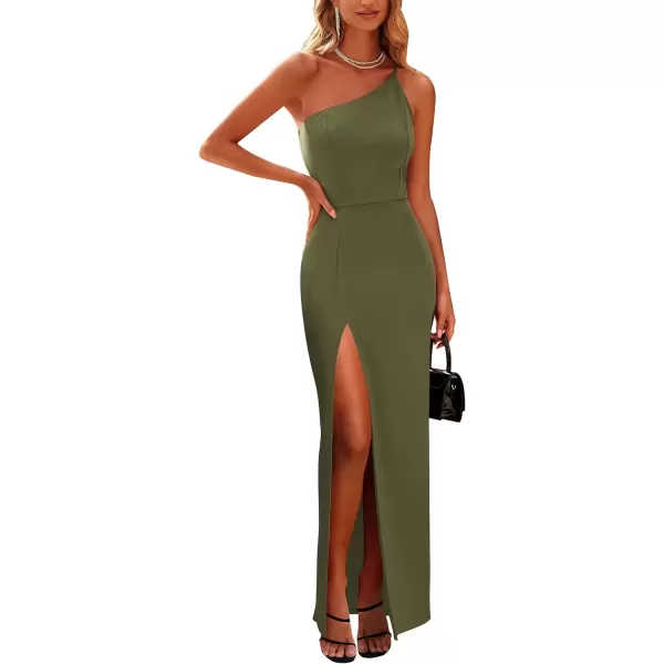 imagePRETTYGARDEN Womens Summer Formal Wedding Guest Dresses One Shoulder Spaghetti Strap High Slit Maxi Bodycon DressArmy Green