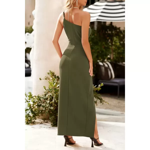 imagePRETTYGARDEN Womens Summer Formal Wedding Guest Dresses One Shoulder Spaghetti Strap High Slit Maxi Bodycon DressArmy Green
