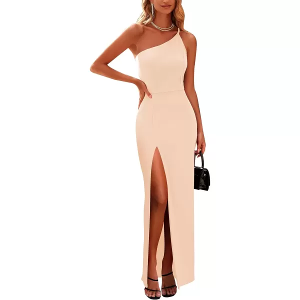 imagePRETTYGARDEN Womens Summer Formal Wedding Guest Dresses One Shoulder Spaghetti Strap High Slit Maxi Bodycon DressBeige