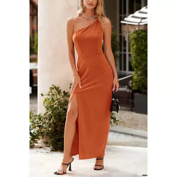 imagePRETTYGARDEN Womens Summer Formal Wedding Guest Dresses One Shoulder Spaghetti Strap High Slit Maxi Bodycon DressBrown