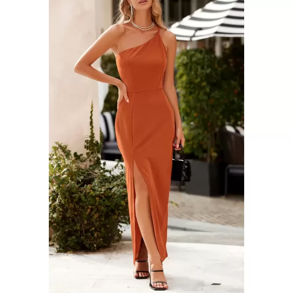 imagePRETTYGARDEN Womens Summer Formal Wedding Guest Dresses One Shoulder Spaghetti Strap High Slit Maxi Bodycon DressBrown
