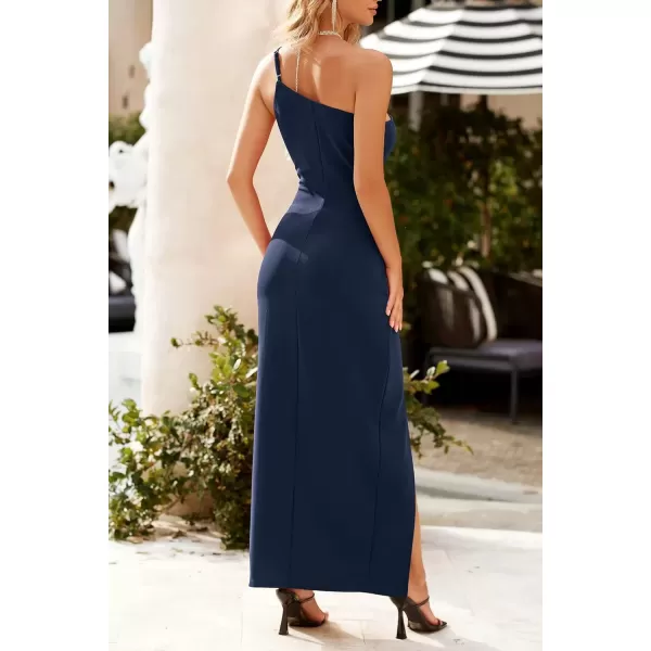 imagePRETTYGARDEN Womens Summer Formal Wedding Guest Dresses One Shoulder Spaghetti Strap High Slit Maxi Bodycon DressNavy Blue