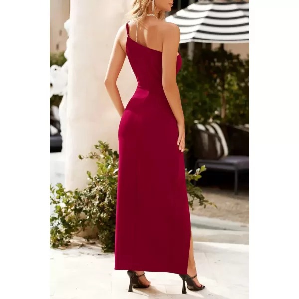 imagePRETTYGARDEN Womens Summer Formal Wedding Guest Dresses One Shoulder Spaghetti Strap High Slit Maxi Bodycon DressWine Red