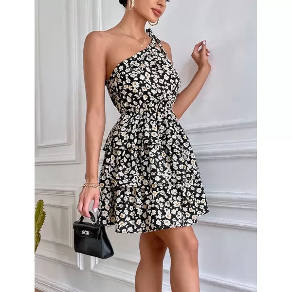 imagePRETTYGARDEN Womens Summer Tie One Shoulder Boho Floral Dress Elastic Waist Tiered Ruffle A Line Flowy Mini DressesBlack Apricot