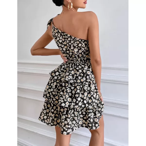 imagePRETTYGARDEN Womens Summer Tie One Shoulder Boho Floral Dress Elastic Waist Tiered Ruffle A Line Flowy Mini DressesBlack Apricot