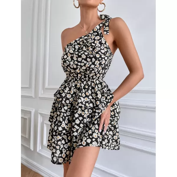 imagePRETTYGARDEN Womens Summer Tie One Shoulder Boho Floral Dress Elastic Waist Tiered Ruffle A Line Flowy Mini DressesBlack Apricot