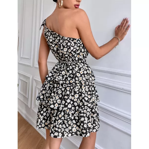 imagePRETTYGARDEN Womens Summer Tie One Shoulder Boho Floral Dress Elastic Waist Tiered Ruffle A Line Flowy Mini DressesBlack Apricot
