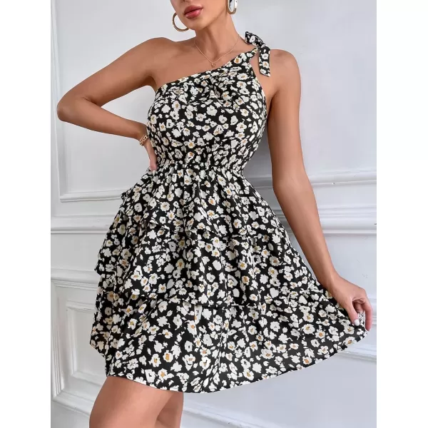 imagePRETTYGARDEN Womens Summer Tie One Shoulder Boho Floral Dress Elastic Waist Tiered Ruffle A Line Flowy Mini DressesBlack Apricot