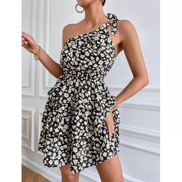 imagePRETTYGARDEN Womens Summer Tie One Shoulder Boho Floral Dress Elastic Waist Tiered Ruffle A Line Flowy Mini DressesBlack Apricot