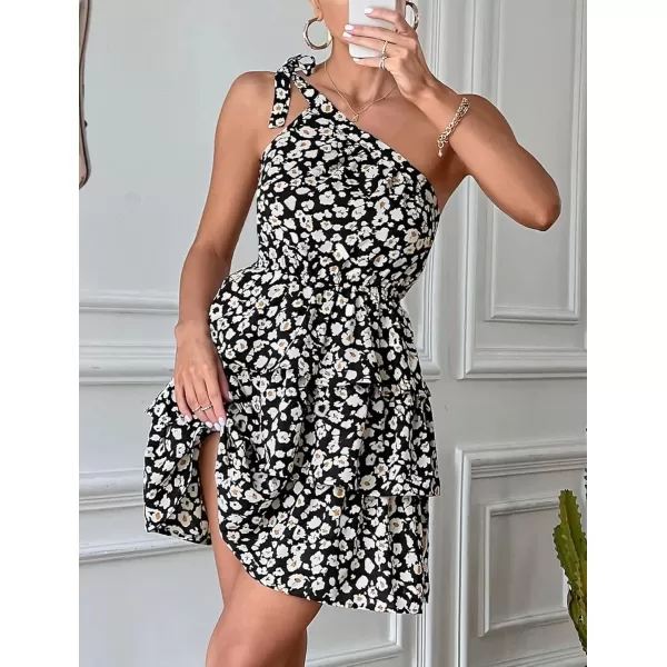 imagePRETTYGARDEN Womens Summer Tie One Shoulder Boho Floral Dress Elastic Waist Tiered Ruffle A Line Flowy Mini DressesBlack Apricot