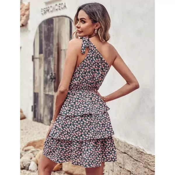 imagePRETTYGARDEN Womens Summer Tie One Shoulder Boho Floral Dress Elastic Waist Tiered Ruffle A Line Flowy Mini DressesBlack Pink