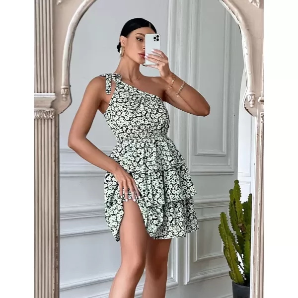 imagePRETTYGARDEN Womens Summer Tie One Shoulder Boho Floral Dress Elastic Waist Tiered Ruffle A Line Flowy Mini DressesBlack White