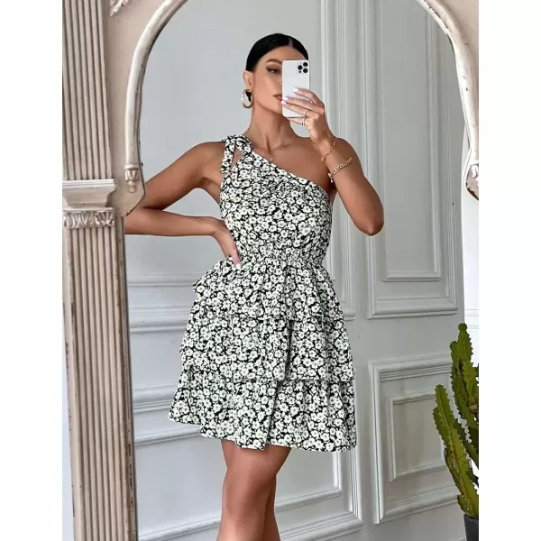 imagePRETTYGARDEN Womens Summer Tie One Shoulder Boho Floral Dress Elastic Waist Tiered Ruffle A Line Flowy Mini DressesBlack White