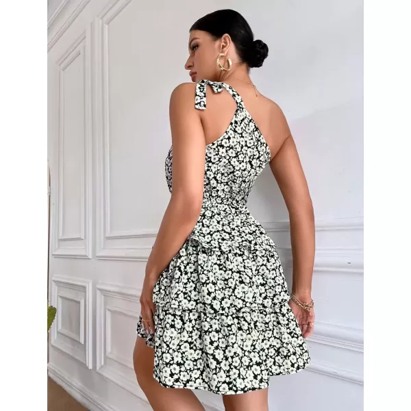 imagePRETTYGARDEN Womens Summer Tie One Shoulder Boho Floral Dress Elastic Waist Tiered Ruffle A Line Flowy Mini DressesBlack White