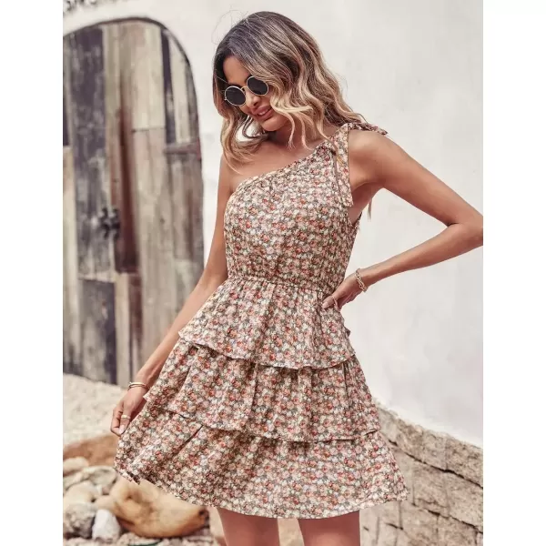 imagePRETTYGARDEN Womens Summer Tie One Shoulder Boho Floral Dress Elastic Waist Tiered Ruffle A Line Flowy Mini DressesGreen Pink