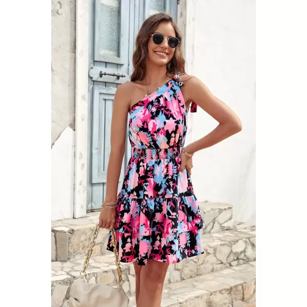imagePRETTYGARDEN Womens Summer Tie One Shoulder Boho Floral Dress Elastic Waist Tiered Ruffle A Line Flowy Mini DressesPrint Black