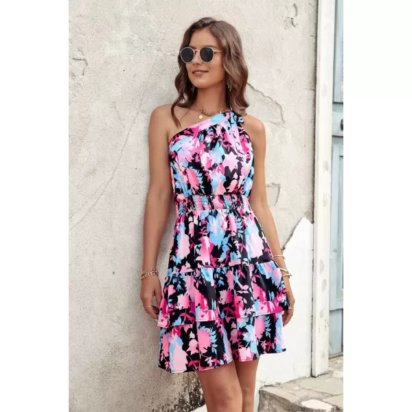 imagePRETTYGARDEN Womens Summer Tie One Shoulder Boho Floral Dress Elastic Waist Tiered Ruffle A Line Flowy Mini DressesPrint Black