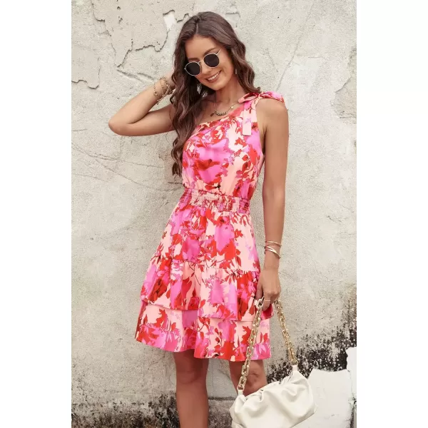 imagePRETTYGARDEN Womens Summer Tie One Shoulder Boho Floral Dress Elastic Waist Tiered Ruffle A Line Flowy Mini DressesPrint Pink