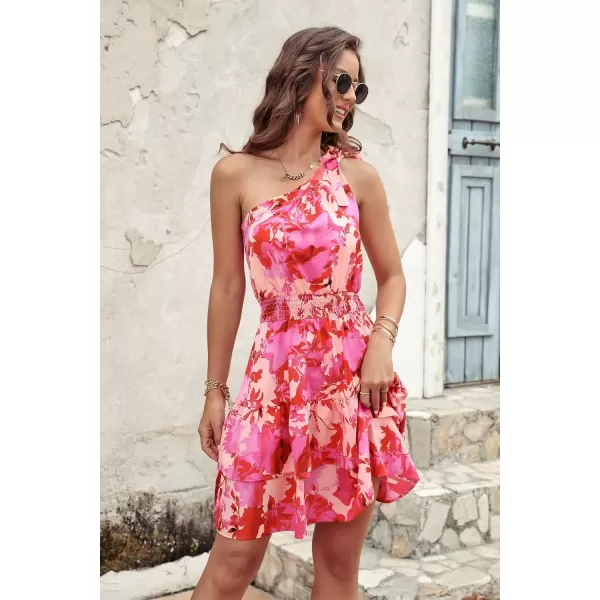imagePRETTYGARDEN Womens Summer Tie One Shoulder Boho Floral Dress Elastic Waist Tiered Ruffle A Line Flowy Mini DressesPrint Pink