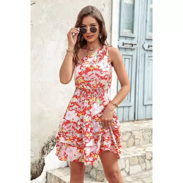 imagePRETTYGARDEN Womens Summer Tie One Shoulder Boho Floral Dress Elastic Waist Tiered Ruffle A Line Flowy Mini DressesPrint Red