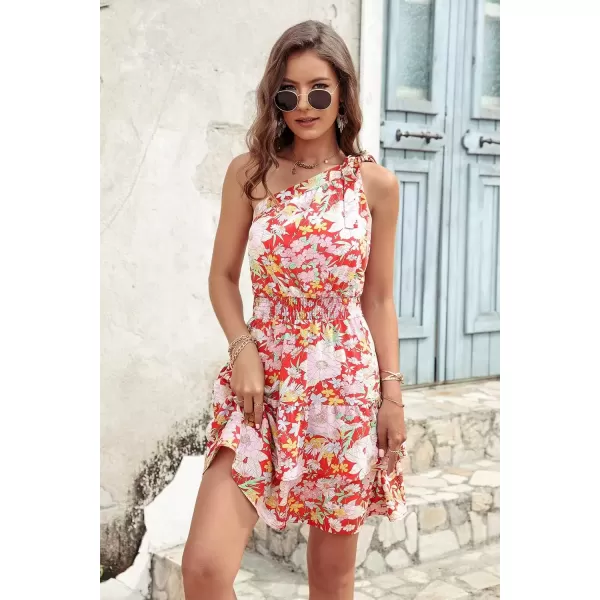 imagePRETTYGARDEN Womens Summer Tie One Shoulder Boho Floral Dress Elastic Waist Tiered Ruffle A Line Flowy Mini DressesPrint Red
