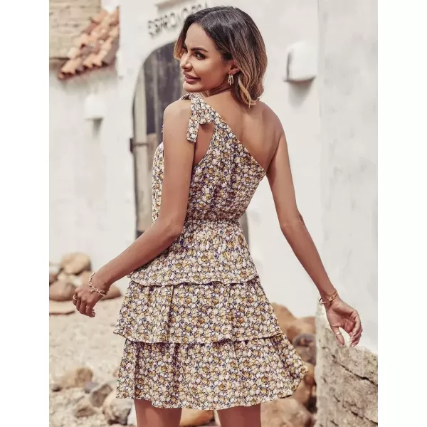imagePRETTYGARDEN Womens Summer Tie One Shoulder Boho Floral Dress Elastic Waist Tiered Ruffle A Line Flowy Mini DressesPurple Yellow