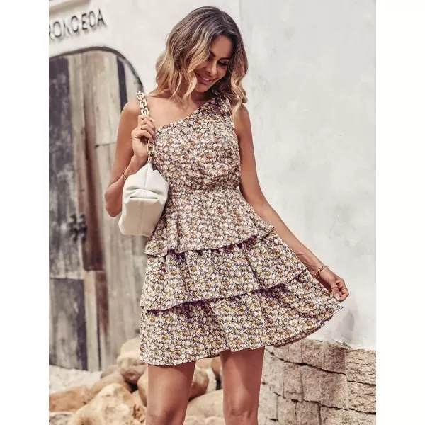imagePRETTYGARDEN Womens Summer Tie One Shoulder Boho Floral Dress Elastic Waist Tiered Ruffle A Line Flowy Mini DressesPurple Yellow