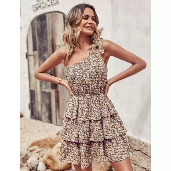 imagePRETTYGARDEN Womens Summer Tie One Shoulder Boho Floral Dress Elastic Waist Tiered Ruffle A Line Flowy Mini DressesPurple Yellow