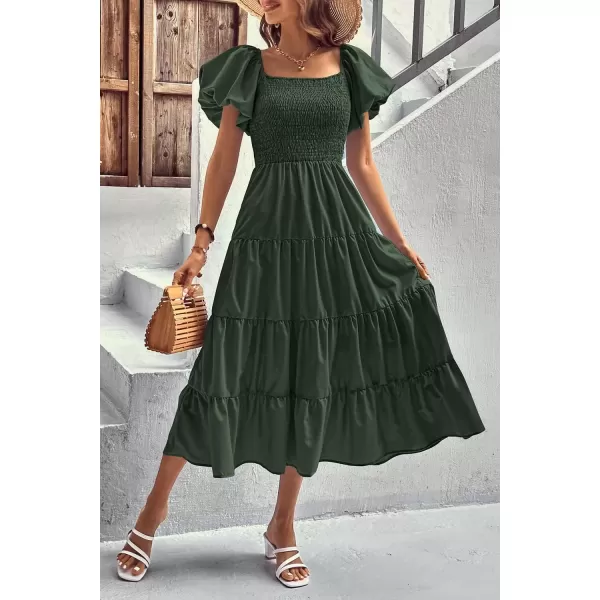 imagePRETTYGARDEN Womens Casual Summer Midi Dress Puffy Short Sleeve Square Neck Smocked Tiered Ruffle DressesArmy Green