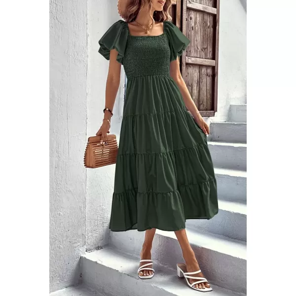 imagePRETTYGARDEN Womens Casual Summer Midi Dress Puffy Short Sleeve Square Neck Smocked Tiered Ruffle DressesArmy Green