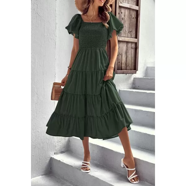 imagePRETTYGARDEN Womens Casual Summer Midi Dress Puffy Short Sleeve Square Neck Smocked Tiered Ruffle DressesArmy Green