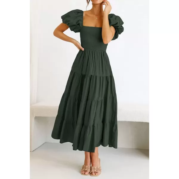 imagePRETTYGARDEN Womens Casual Summer Midi Dress Puffy Short Sleeve Square Neck Smocked Tiered Ruffle DressesArmy Green