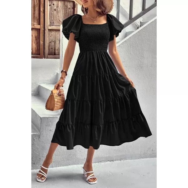imagePRETTYGARDEN Womens Casual Summer Midi Dress Puffy Short Sleeve Square Neck Smocked Tiered Ruffle DressesBlack